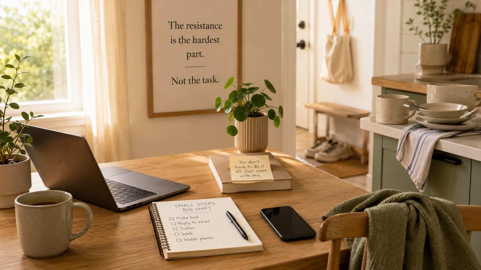 A calm desk scene with everyday tasks, representing mental resistance before starting small chores and routines.